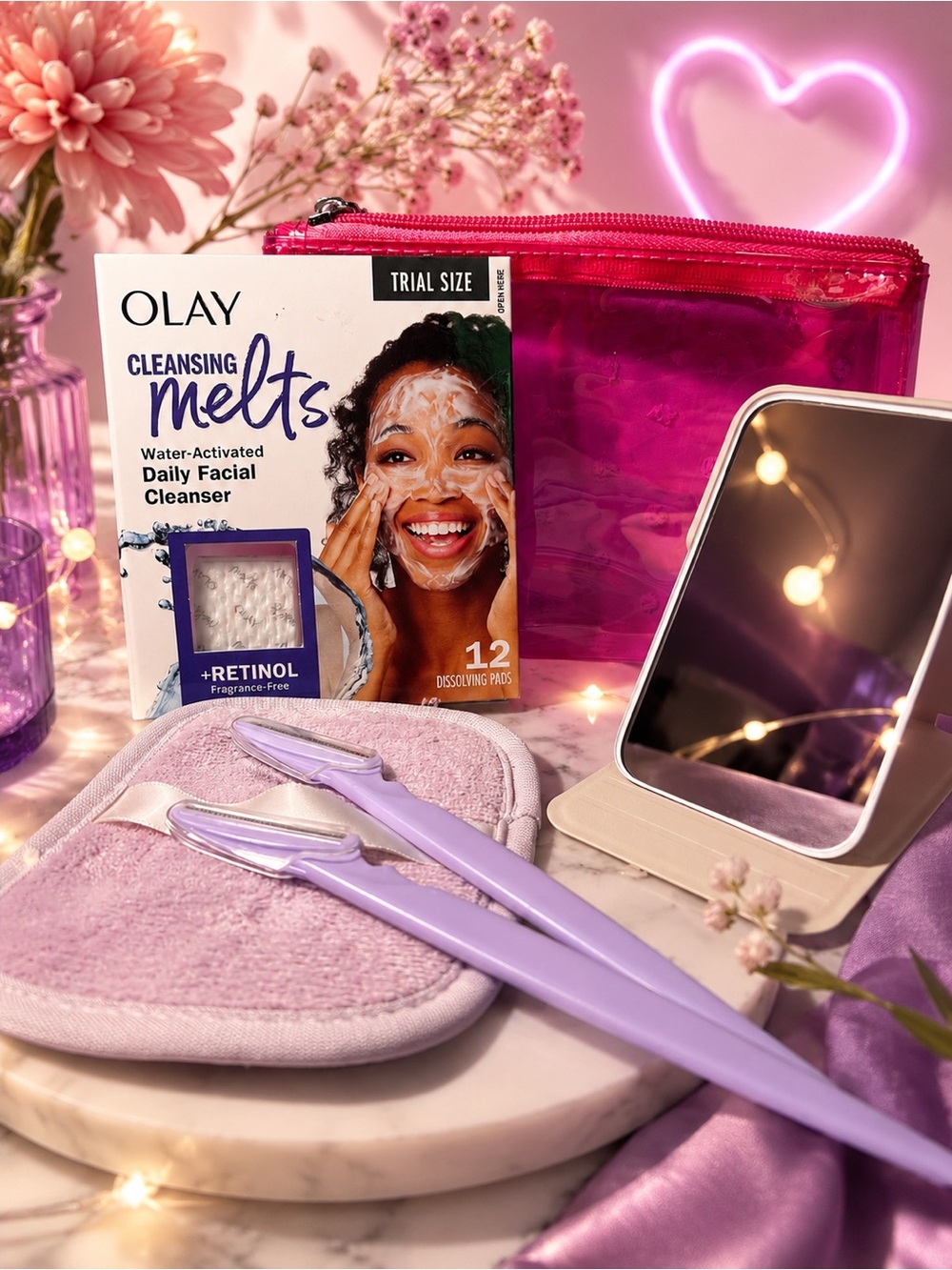 Beauty bundle OLAY Cleansing Melts with Hot Pink Pouch and Lavender Tools